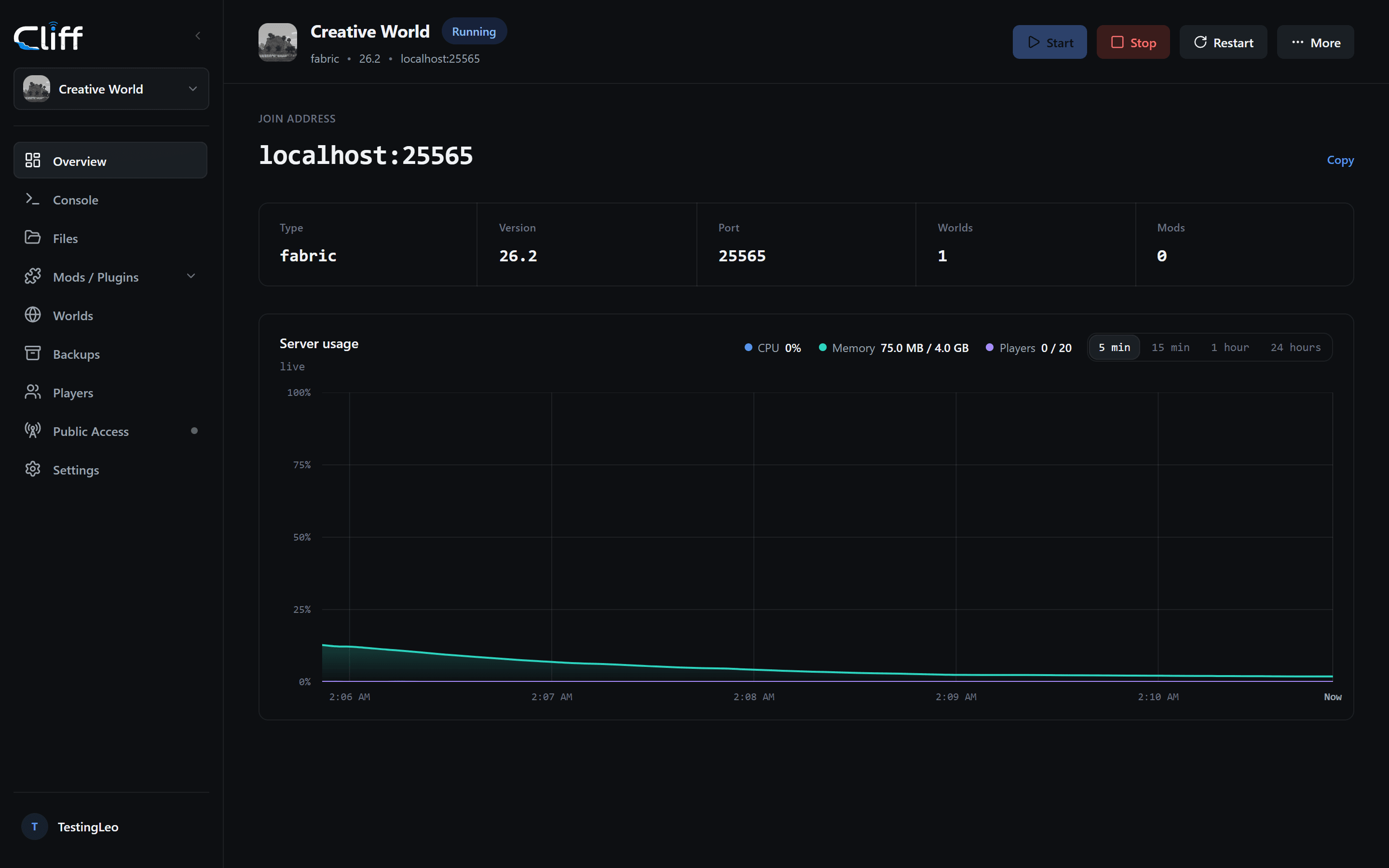 Cliff dashboard showing server overview with health checks and quick actions